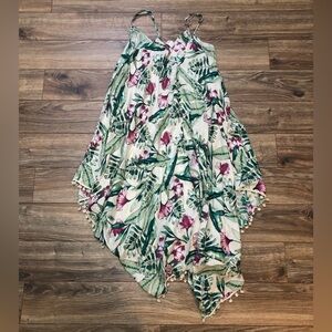Tropical Floral Dress with Green and Pink Leaves